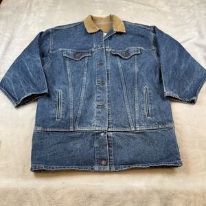 Vintage Levis Denim Trucker Jacket Made in USA Blue Corduroy Collar Orange Tab L